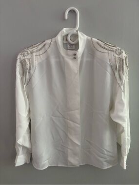 VTG 80s Elite International Beaded Shoulder Satin Blouse Ivory White Size 10